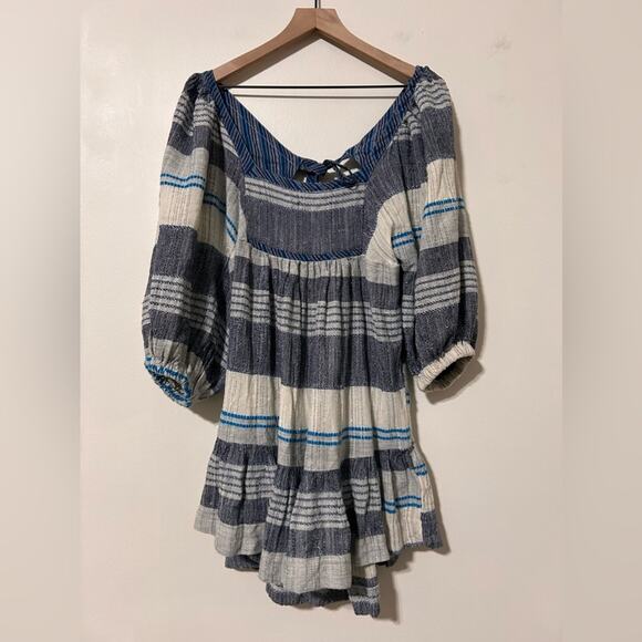 FREE PEOPLE  Cozy Stripe Mini Dress Oversized Babydoll Boho Coastal Peasant sz M - Picture 2 of 14